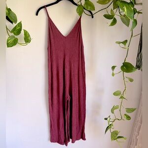 FP Beach Wide Ribbed Flowy Burgundy Jumpsuit